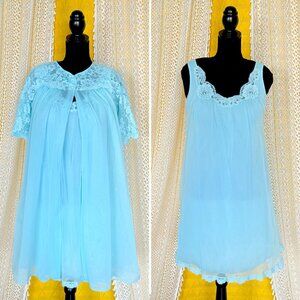 Vintage 60s Lorraine Baby Blue Chiffon Gown & Robe Peignoir Set Size Medium